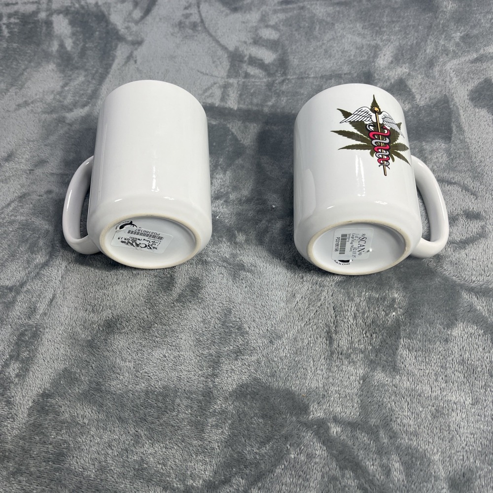 Marijuana Coffee Mugs Medical‎ Marijuana Symbol Caduceus Medical Sign 2 Pack NEW - Picture 4 of 6